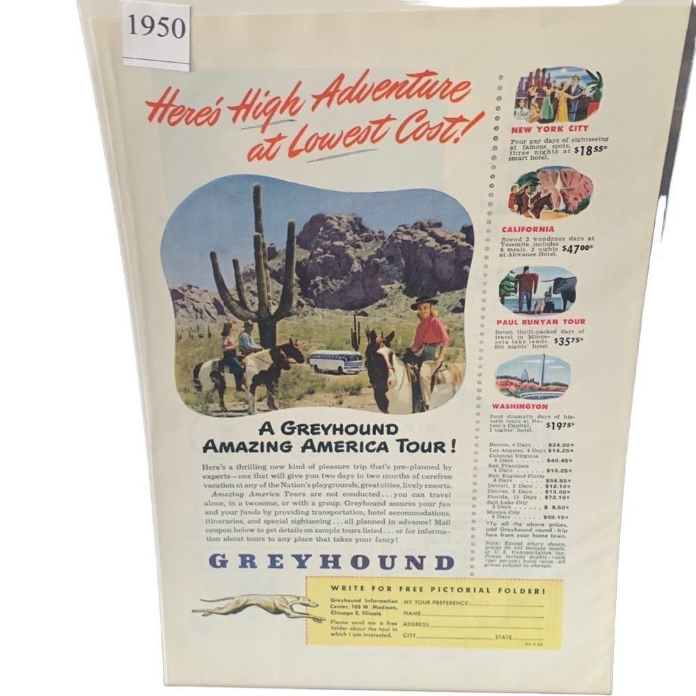 Vintage 1950 Greyhound High Adventure Lowest Cost Ad Advertisement